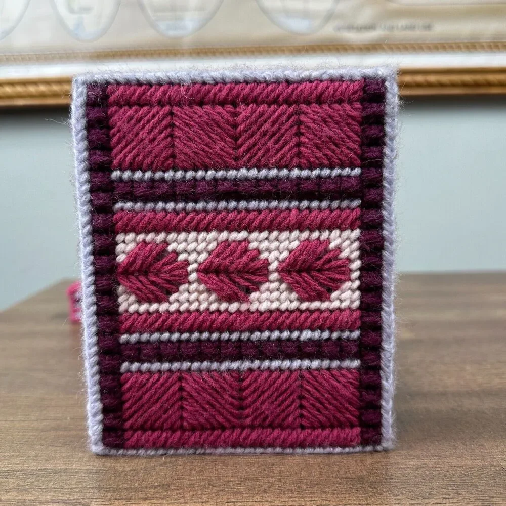 Vtg Handmade Tissue Box Cover + Base Pink Needlepoint Decor Gift Grandma Cottage